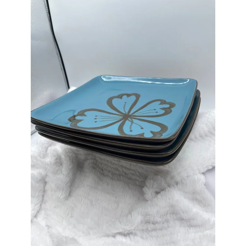 Pier 1 Hibiscus Square Plate Brown Turquois Dinner Discontinued Pattern Set of 4 - Picture 8 of 8